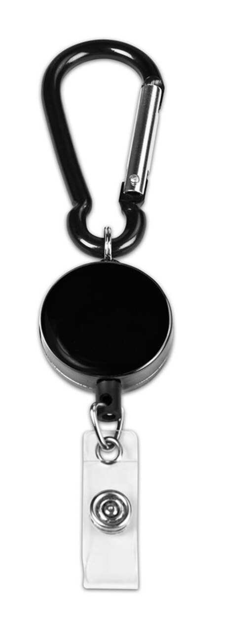 MyID Card Reel, Lanyard, and Badge Holder items are compatible to create a system of MyID accessories. The card reel contains a clip and is 1.25" diameter. The nylon retractable cord is 26" length. For use by itself, with a lanyard or a card holder
